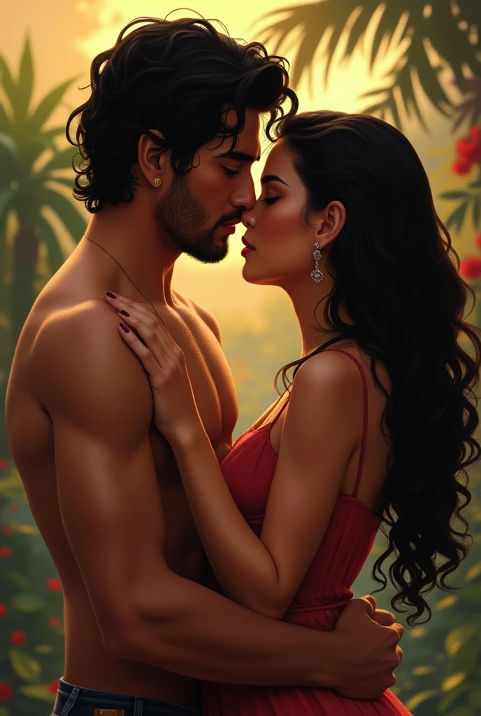 Imagine an engaging and sensual scene that captures the essence of the relationship between 2 women and 1 man. The image should portray the three characters in a pose that suggests intimacy and emotional connection.

Detailed Description:
Characters:

Woman 1: A tanned woman with long, wavy golden hair. She should be portrayed in a soft and welcoming pose, with a serene and affectionate gaze.
Woman 2: A fair-skinned woman with straight black hair, with an air of mystery and sensuality. She should be positioned in a way that conveys elegance and confidence.
Man: A dark-skinned man with short, dark hair, with a strong and protective physique. His gaze should express desire and protection.
Positioning:
Woman 1 and Woman 2 should be facing each other, creating a bond of complicity, while the Man stands slightly behind them, wrapping his arms around both of them in a protective but at the same time desirous gesture. The image should capture the feeling of unity and balance between the three.
 Setting: An abstract background in warm tones of red, gold, and orange that symbolize passion, desire, and energy. Subtle elements such as soft lights and shadows should be used to accentuate the mystery and intimacy of the scene.

Style: The art should be delicate and detailed, with a focus on facial expressions and the interaction between the characters. It should evoke a sense of warmth and involvement without being overly explicit, but suggesting the depth of the relationship.