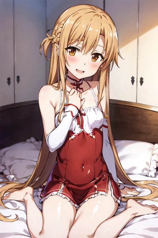 ((Best Quality)), ((masterpiece)), (be familiar with),  perfect face, indoor, bedroom,  watching viewers,
One woman, Yuuki Asuna,
Open Mouth, Ecstatic expression, blush, smile,
Small breasts,  flat chest, , , child, Girl,
Long Hair,  long hair,
Leg spread,