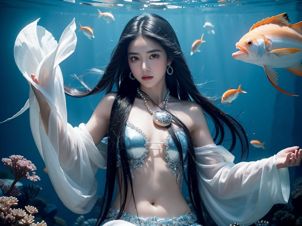 1girl,(see-through:1.3)、nsfw,navel,naked,beholder、Insanity、messy long hair、beautiful detailed eyes、hair shines、dramatic angle、perky chest、light smile、partially underwater shot...