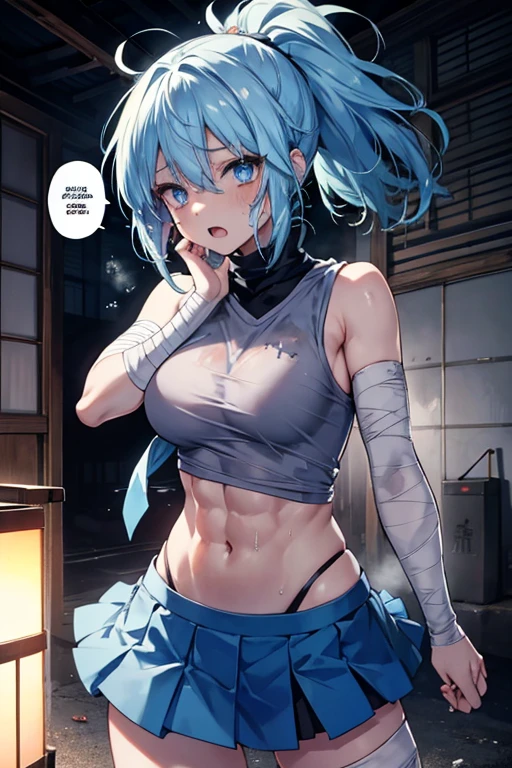 masterpiece,1girl,solo,blue hair,short hair, hair intakes,torn clothes, handcuffs, chains,navel,tears, (arms behind back:1.2),bondage,shibari,chains,heart-shaped pupils, open mouth,