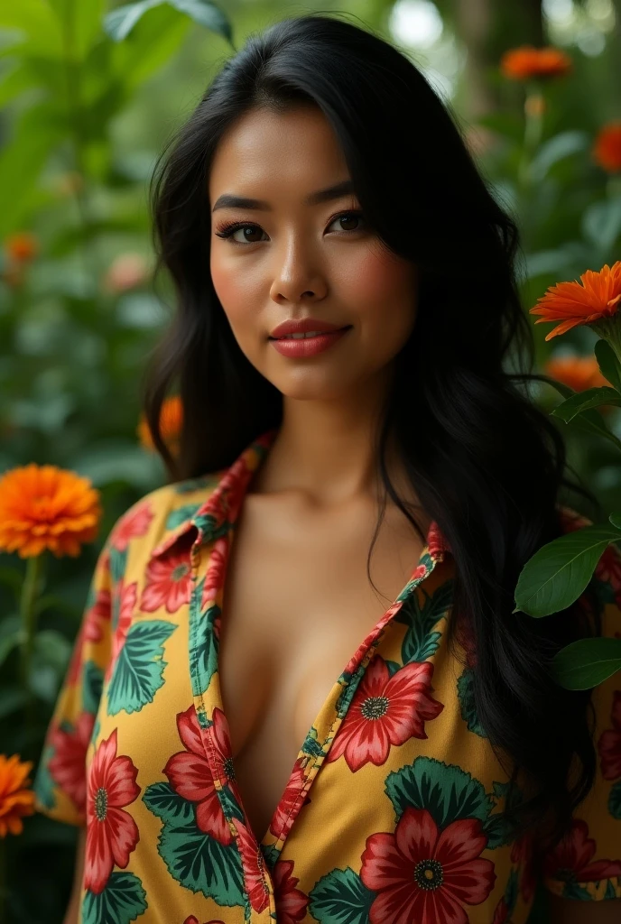 A Brazilian nude woman in a lush tropical garden, wearing a floral pattern open-chest shirt, with a close-up capturing the harmonious beauty between her breasts and the natural flowers, showing her natural charm and extroverted personality., showing bare wet breasts , nudity