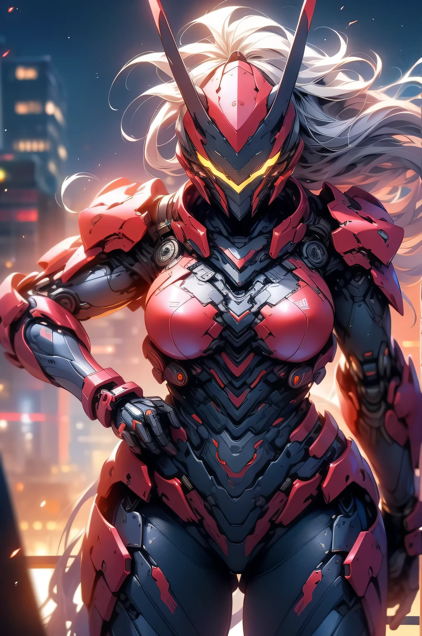 masterpiece,best quality: 1.2),(ultra-detailed face),(no headgear),Her armor glows red as the neon city lights dance across its mechanical surface. Intricate cybernetics empower her movement with inhuman speed and strength. She strides silently through theLower Sectors, the alleyways bathed in the crimson radiance of her futuristic suit. In her grip is an energized longsword, its edges humming with plasma, ready to dispense justice. She is the guardian that watches over this city, though few know her name. Criminals whisper rumors of the Crimson Knight, a cybernetically enhanced warrior sworn to protect the innocent. They speak of her inhuman reflexes and her blazing sword that cuts through any defense. How she appears from the shadows, a blur of red bringing swift judgment. Tonight her sensors have de(tected injustice brewing once more in these lawless streets. As the city sleeps, she alone stands vigilant, a silent sentinel keeping watch. Her cybernetic systems begin to target threats as she prepares to fight for those who cannot defend themselves. The Crimson Knight is ready, and justice will be dealt swiftly tonight.,big breast ,humongous tits ,cleavage