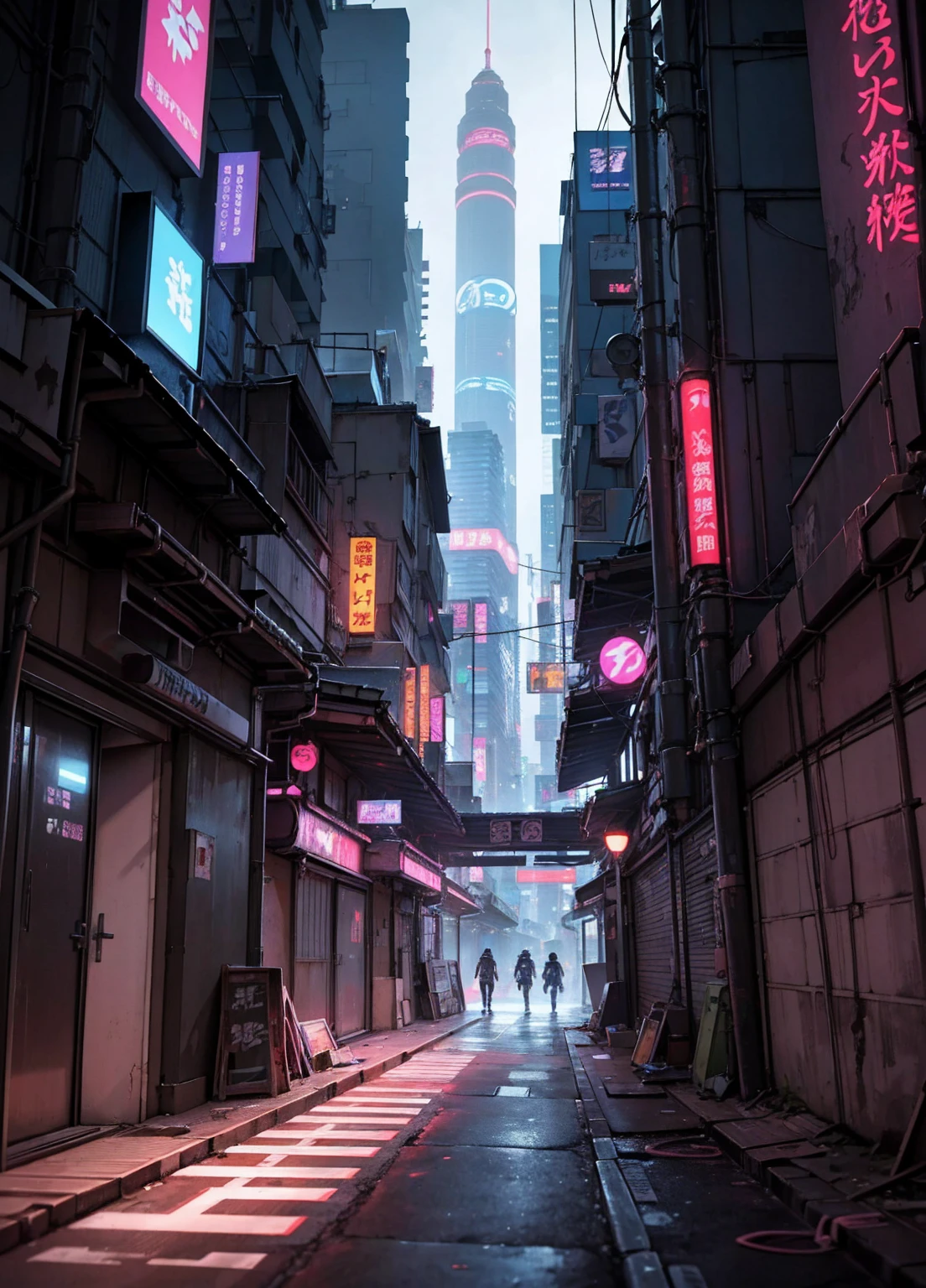 In the year 2050, in the cyberpunk slums of East Asia, a  named Ryu lives in a neon-lit city called "Neon City" near Tokyo Bay. The city is a chaotic blend of high-tech and traditional elements, where poverty and disorder rule. Ryu, an orphan, scavenges scrap parts to survive. One night, while on a rooftop, a massive holographic ad lights up the sky, revealing a mysterious message: "To know the truth, go to basement level 42." With his heart pounding, Ryu enters an old elevator, embarking on an unknown adventure. The scene is filled with vibrant neon lights, dark alleyways, and the stark contrast of a futuristic yet rundown urban landscape. black background, blue sky, ditch angle. close up, clear, transparent,