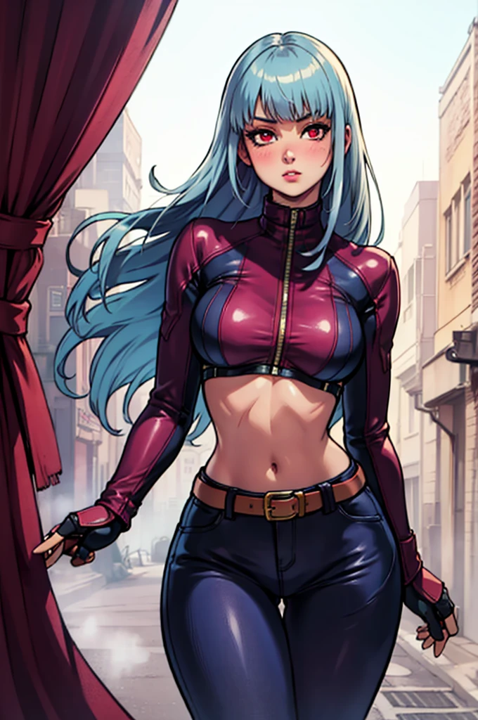 (solo),(high-level image quality),(hight quality),(hight resolution),(detailed),(masterpiece),(artwork:1.2),(cowboy shot:1.3),(realistic), looking at viewer,intricate,pixiv, 1girl,Kula,(KOF),blush,(curvy), long hair, silver blue hair,red eyes,2k wallpaper,petite,purple leather jacket,belt,glove,purple leather pants, source_cartoon