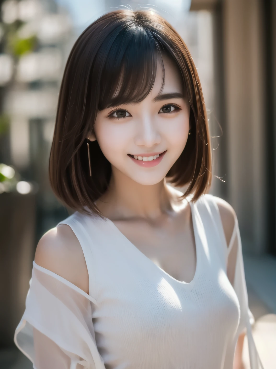 (highest quality,masterpiece:1.3,ultra high resolution),(Super detailed,caustics,8k),(photorealistic:1.4,RAW shooting), 1girl ,with choppy bangs,fashion photography,pale young adult East Asian smiling
