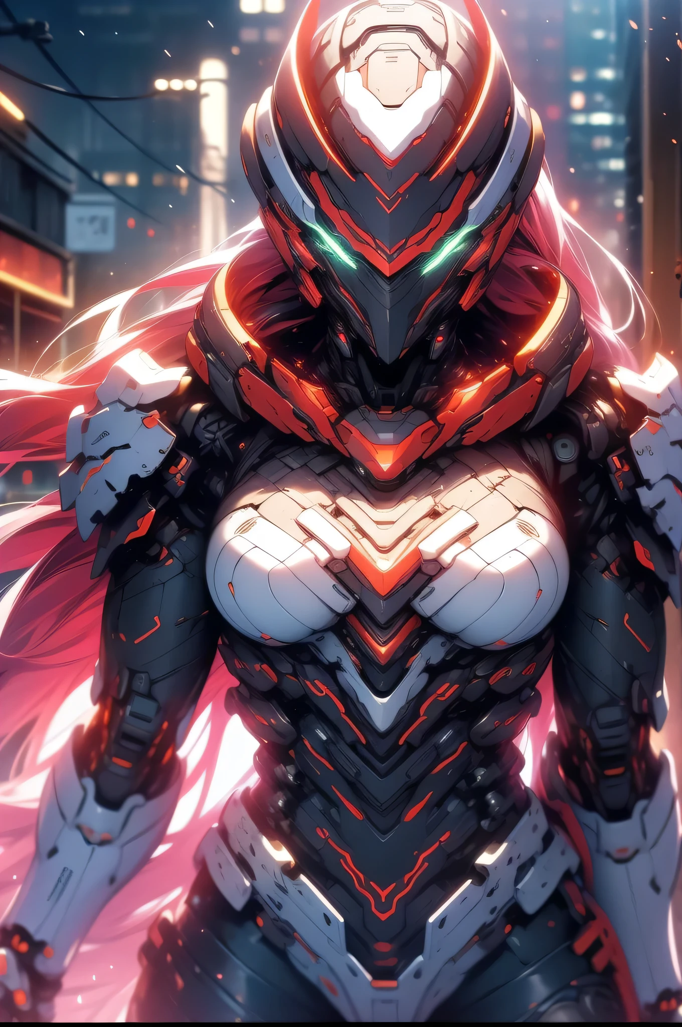 masterpiece,best quality: 1.2),(ultra-detailed face),(no headgear),Her armor glows red as the neon city lights dance across its mechanical surface. Intricate cybernetics empower her movement with inhuman speed and strength. She strides silently through theLower Sectors, the alleyways bathed in the crimson radiance of her futuristic suit. In her grip is an energized longsword, its edges humming with plasma, ready to dispense justice. She is the guardian that watches over this city, though few know her name. Criminals whisper rumors of the Crimson Knight, a cybernetically enhanced warrior sworn to protect the innocent. They speak of her inhuman reflexes and her blazing sword that cuts through any defense. How she appears from the shadows, a blur of red bringing swift judgment. Tonight her sensors have de(tected injustice brewing once more in these lawless streets. As the city sleeps, she alone stands vigilant, a silent sentinel keeping watch. Her cybernetic systems begin to target threats as she prepares to fight for those who cannot defend themselves. The Crimson Knight is ready, and justice will be dealt swiftly tonight.,big breast ,humongous tits ,cleavage 