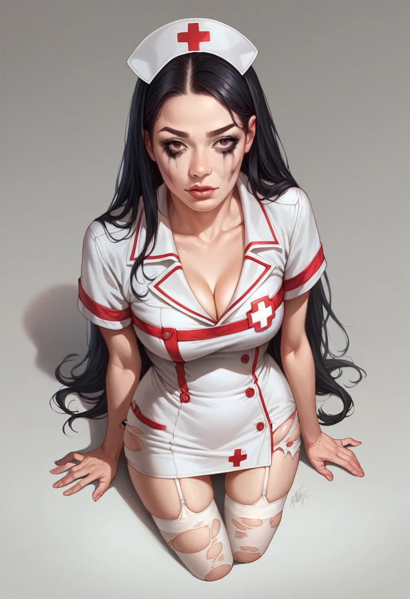 Photorealistic, high resolution, A Japanese Zombie Nurse woman named Kimmi, solo, heavy makeup, Hips up, (Detailed face), Black hair, Long hair. Red striped underwear , Ripped white stockings . Fully clothed ripped Long white leather dress.