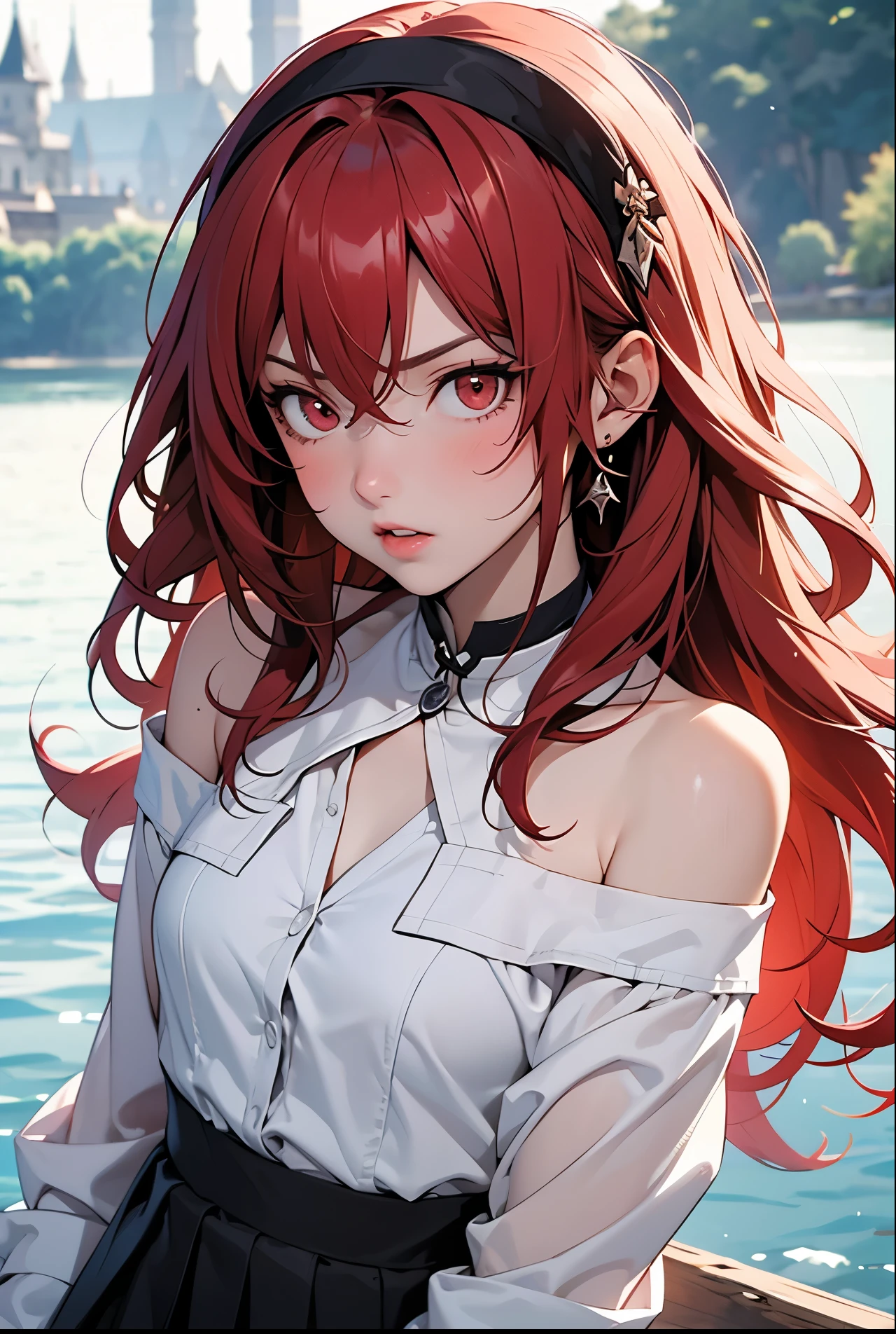 Upper Body, One girl, You will become a Greyrat, Redhead, Red eyes, Ahoge, hair band, (Full nude:1.8), Outdoor ((masterpiece)), Highly detailed illustration, Detailed Background, High Resolution