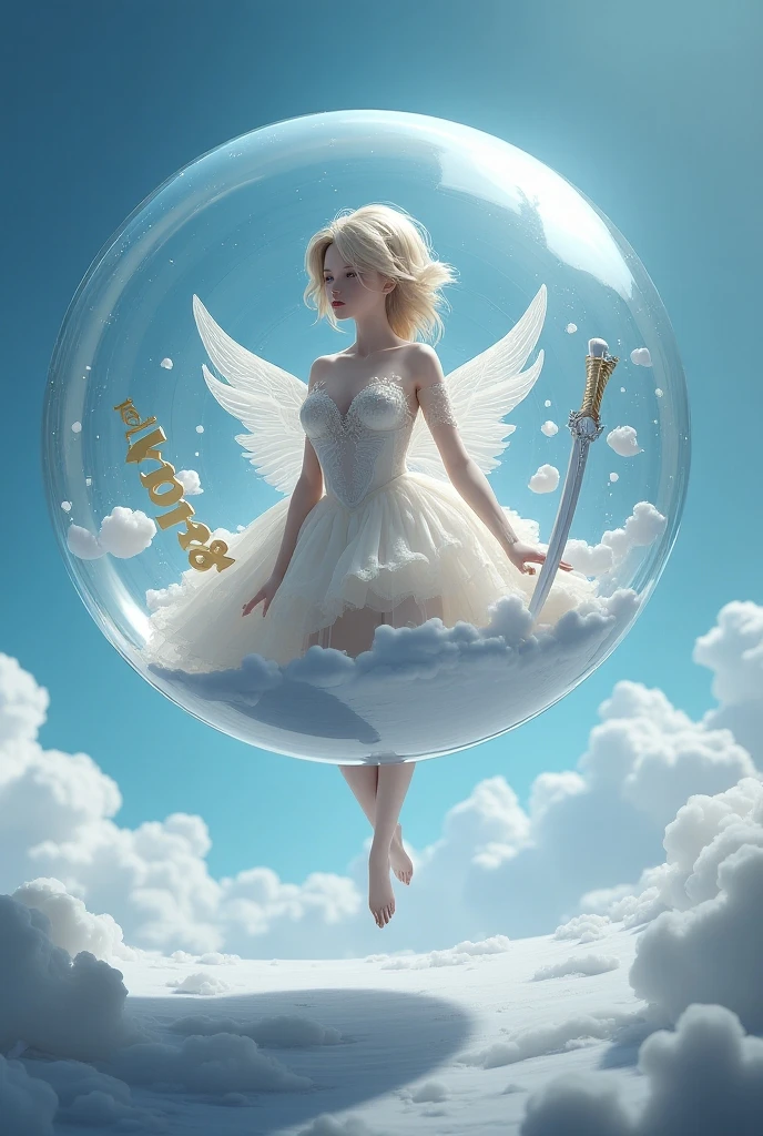 ((A serene summer scene with an ultra-high-definition, realistic angel flying gracefully in the sky)), The angel is facing towards the camera with lifelike facial features and detailed textures, The angel has intricately detailed white wings, fully extended as it soars through the air in an elegant, natural pose, The angel has platinum blonde hair flowing gently in the wind, with realistic light reflections and highlights, emphasizing the sensation of movement, The angel is dressed in a flowing white outfit, adding a sense of purity and grace, The angel holds a silver staff, adding a touch of mystique and power, The theme color of the scene is blue, reflected in the angel's attire, the sky, and the overall color palette The background features a clear summer sky with a soft, highly detailed rainbow arching across it, enhancing the feeling of wonder and beauty, ((The scene takes place in a celestial world, with floating islands and ethereal clouds, adding a magical and otherworldly atmosphere Soft, white clouds accompany the rainbow, adding depth to the sky)), Below, a green land and blue ocean are visible from a high angle, with realistic lighting and shadows, The landscape features gently rolling hills and a distant, vividly detailed sea, as seen from a high vantage point in this sky-bound world, The image is captured in a vertical 9:16 aspect ratio, emphasizing ultra-realistic textures, depth, and the dynamic nature of flight in a heavenly realm,"full-body shot","elegant attire"