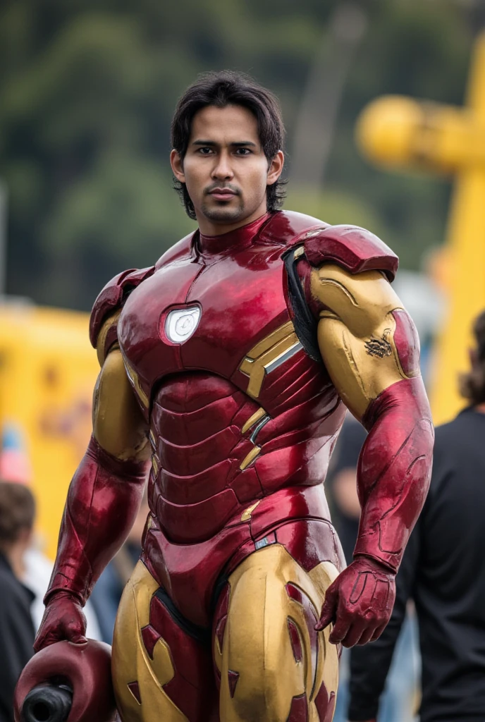 man wear costume iron man armored muscular body, hyper-detailed gold and red metal armor, large bulky frame, open helmet revealing face, cinematic lighting, digital art, photorealistic, 8k, (best quality:1.2), (masterpiece:1.2), (ultra-detailed:1.2), (highly detailed:1.2), dynamic pose, dramatic lighting, epic, cinematic, action scene. big forehead. dark skin. one hand holding iron man helmet..
