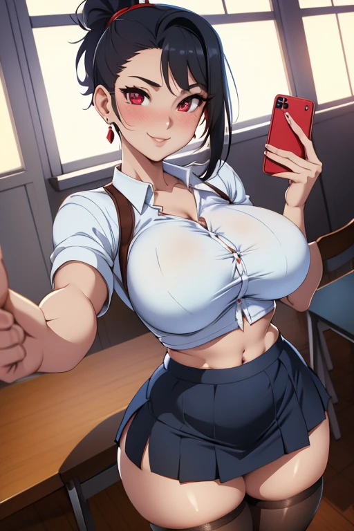 1girl, chabashira sae,long hair, (black hair:1.5), hair ornament, (brown eyes:1.3), ponytail, hairclip, evil smile, blush, lipstick, masterpiece, best quality, ((unbuttoned , cleavage, necklace, earrings, sexy body,
breasts)) , micro skirt, smiling, navel , exposed belly, exposed navel,(nsfw) not safe for work,school, knot, 
classroom , holding a gun, hold a gun