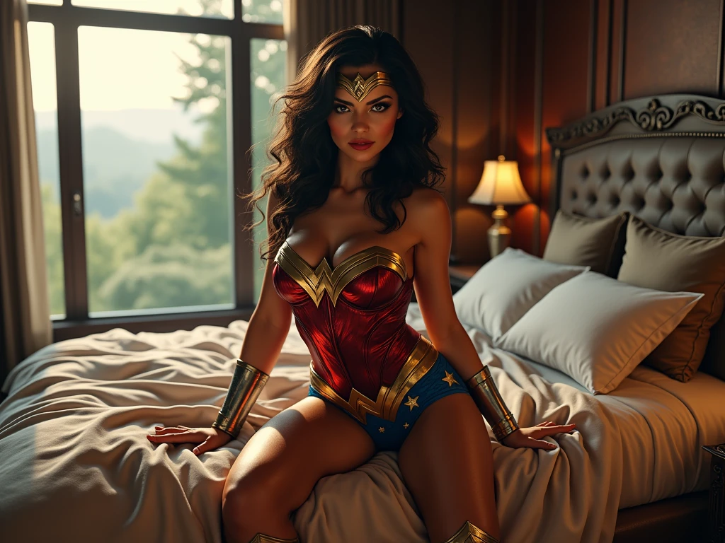 Gal Gadot(Wonder Woman),masterpiece,full body portrait,wedding dress,sexy red hair,sexy red lips,fake smile,see-through underwear,(big tits),cleavage,slender waist,big ass,hot body, Realistic picture, slr, detailed skin, detailed face, hyper realistic, posing for camera, professional model, dslr shot, lying in bed, legs spread, bedroom, midnight.