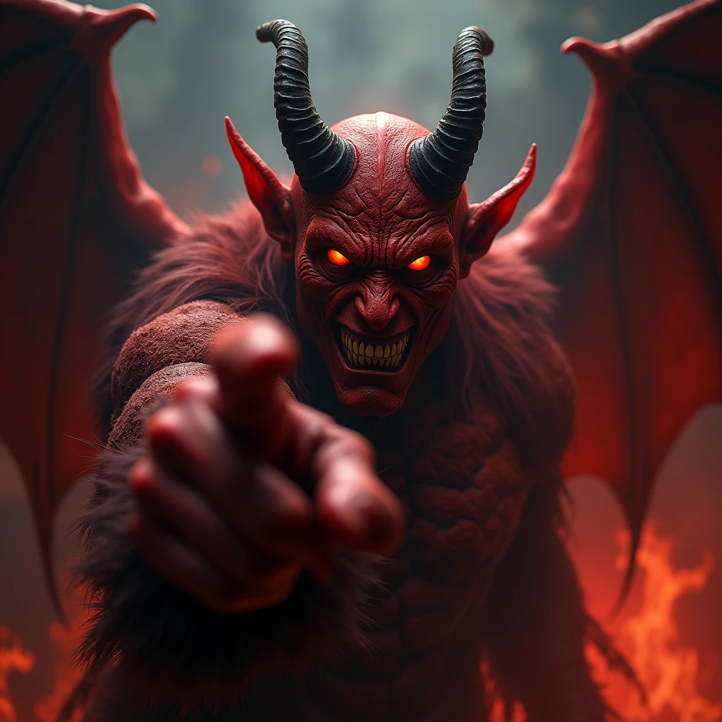 Create an image of the devil looking and pointing at the camera - SeaArt AI