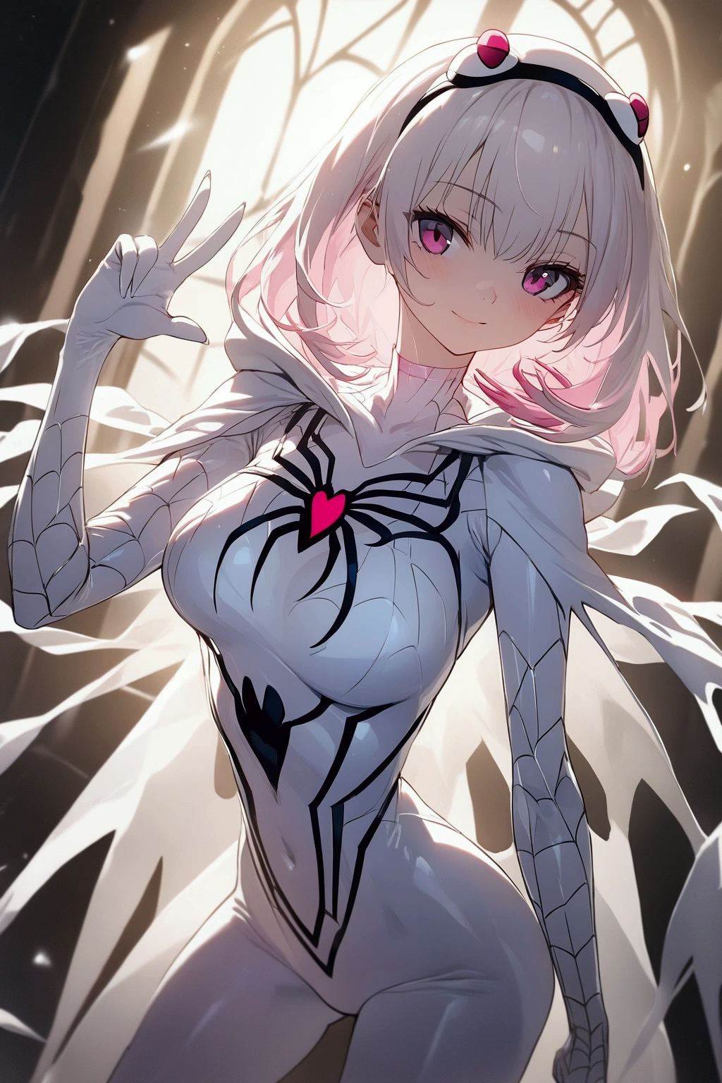 ((ultra quality)), ((masterpiece)), ((Water)), ((fire)), ((Angelic beauty woman)), ((long white curly hair)), ((White hair)), ((White hair)), ((curly hair)), (beautiful face), (beautiful female lips), Enchanting ((Seductive facial expression)), looks at the camera with a slight smile, (White skin color), (White skin), glow on the body, ((detailed eyes)), ((violet eyes)), (juicy female lips), (dark eyeliner), (beautiful female hands), ((thick body)), ideal female body, ((black spiderman suit)), beautiful waist, beautiful big hips, big breasts, thick thighs, ((Subtle and beautiful)) (), ((depth of field)), ((high quality clear image)), (delete details), ((High detail)), ((clear focus))