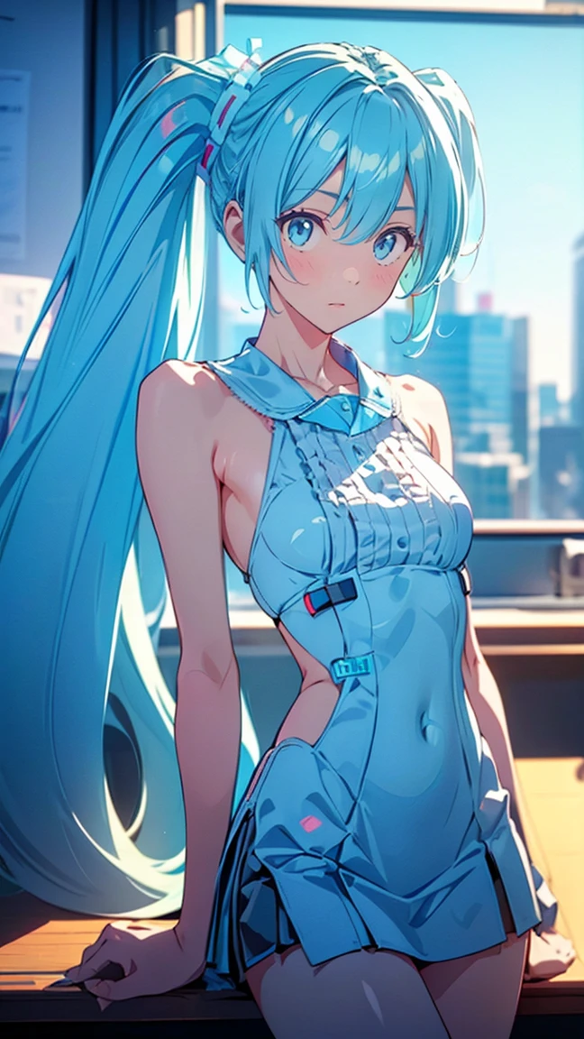 ( Hatsune Miku:1.3)、a woman with sleek, straight hair, dressed in a business suit, in a modern office setting, (model-like physique:1.3), between legs,　colorful, Realistic Skin, Attractive eyes, (1:1.2), beautiful, cute, (Perfect Body 1.2), (Realistic Anatomy 1.2),  Japanese idol, (K-POPアイドル1.2), Realistic photos, RAW Photos, 4K, Fujiflim,  film grain , (Cinema Lighting 1.4),  Ray Tracing , (perfect Temporarily stop1.2), Ultra fine, finely,  intricate detail,  Dolby Vision, Temporarily stop,break、(((Very thin body:1.5、Thin body)))、break、((( detailed beautiful depiction of eyes )))、 ((( focused gaze)))、break、,(Blue Eyes:1.3), (Blue Hair:1.3), break、 Dye Your Cheeks Red :1.5、