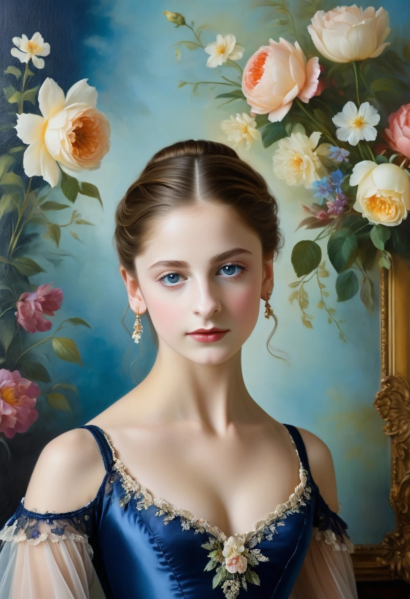 (highres, masterpiece :1.2),(realistic:1.37)"( The best quality , highres,  Ultra detailed, realistic), Beautiful 19th century portrait of a 16-year-old French ballet dancer., ( She is half French and half German ,  and is a stunning beauty with dark blue eyes and a tall nose .:1.1), elaborate ballet costume ,  detailed facial features , long and elegant neck, loose strands of hair,  elegant and upright posture , soft and delicate lighting,  medium classic oil painting ,  vibrant colors ,  Subtle background with floral motifs .",  dreamy atmosphere, Surrealism,mystical aura