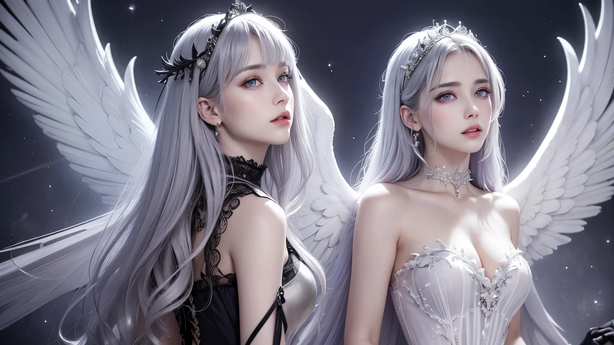 The image has a resolution size of 1920x1200., Angels have 3 eyes., eyes on forehead, , 3 eyed god, Portrait, Close-up photo, gorgeous composition, Two women in white and black dresses stand side by side., They have beautiful faces., beautiful face, Beautiful Gemini, both good and evil., Eros and Thanatos, 2 angel, angel, angelกับปีศาจ, Darius Zawadski and Tom Bagshaw, Tom Bagshaw art style, The villain has black angel wings., angel and demons, fallen angel, beautiful gemini twins, big breasts, fully grown breasts, attractive body, Fascinating beauty, Tight outfit, นางฟ้าbig breastsโต, Plump breasts, fully grown breasts, Two angels who are both gods and devils., Angels have a total of 12 wings with different styles to represent a mix of good and evil., The 6 left wings are the wings of the gods. It has the appearance of a large, beautiful, light-filled bird wing. Contains white, The 6 right wings are the wings of the devil. It has the appearance of a bat&#39;s wings, which are sharp and dark. Contains black, These two angels stood on the ground that was divided into two parts. One part is a green field with flowers in bloom. Another part of the ground was dry and cracked, with small flames rising from it., The angel&#39;s face had a beautiful appearance and a hint of strength. , Her mouth was bright red., One eye was bright blue. Expressing kindness and hope The other side is dark red. It represents mystery and danger., Her hair was jet black, extremely long, two meters long., She wore an outfit that was a combination of divine armor and a devil&#39;s cloak., A tight leather outfit emphasizes the figure. A tight outfit., The wings are both white and black., There are wings that are clearly separated from each other., white wings, Black wings, This image was meant to show the balance between good and evil. light and darkness Living together in these two angels, Amazing harmony, The two expressed their love., Kiss each other