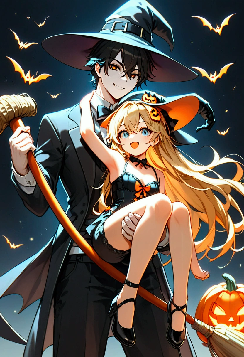  score_9,  score_8_up,  score_7_up,  score_6_up,  score_5_up,  score_4_up,  jack-o-lantern , Slender body,  wearing a black tuxedo ,  silk hat,  Halloween pumpkin head , Very big head ,  eyes are shining ,  carrying a large grim reaper scythe on his shoulders,  BREAK witch standing sideways in a stylish pose leaning diagonally, Bustier and shorts , Long blonde hair, goggles, Riding a broom, smile, cute,  comical Japanese illustration style , Orange and black background, Bats, Grave,  pop-touch poster , The main line is thick , title"Halloween", Shaded letter ,  letter popping out symmetrically 