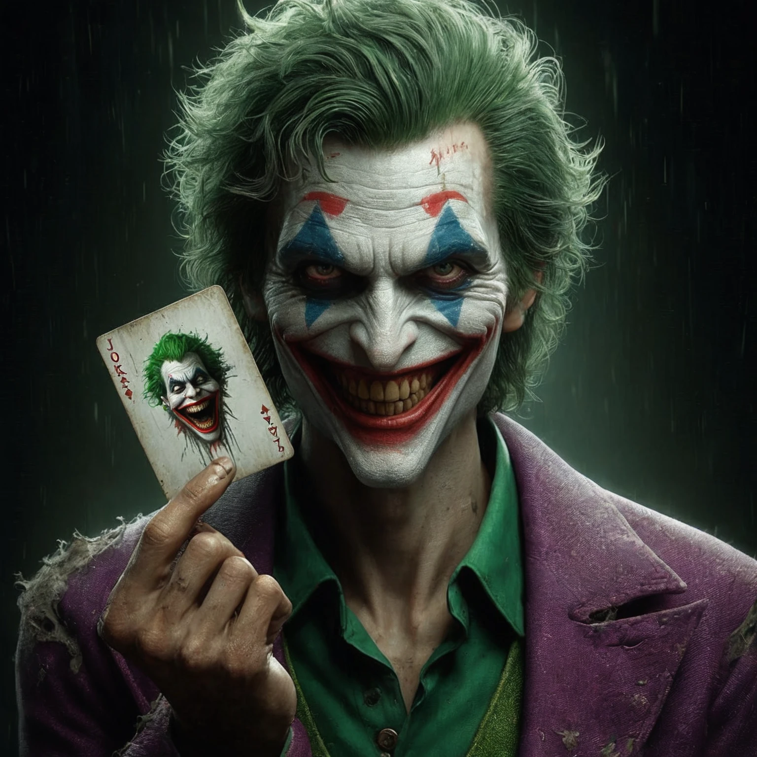 joker holding a playing card with a joker face on it, the joker, joker smile, as the joker, portrait of joker, joker, portrait of a joker, portrait of the joker, batman as the joker, willem dafoe as the joker, joker looks like naruto, the joker as batman, walter white as joker, walter white as the joker, grotesque joker