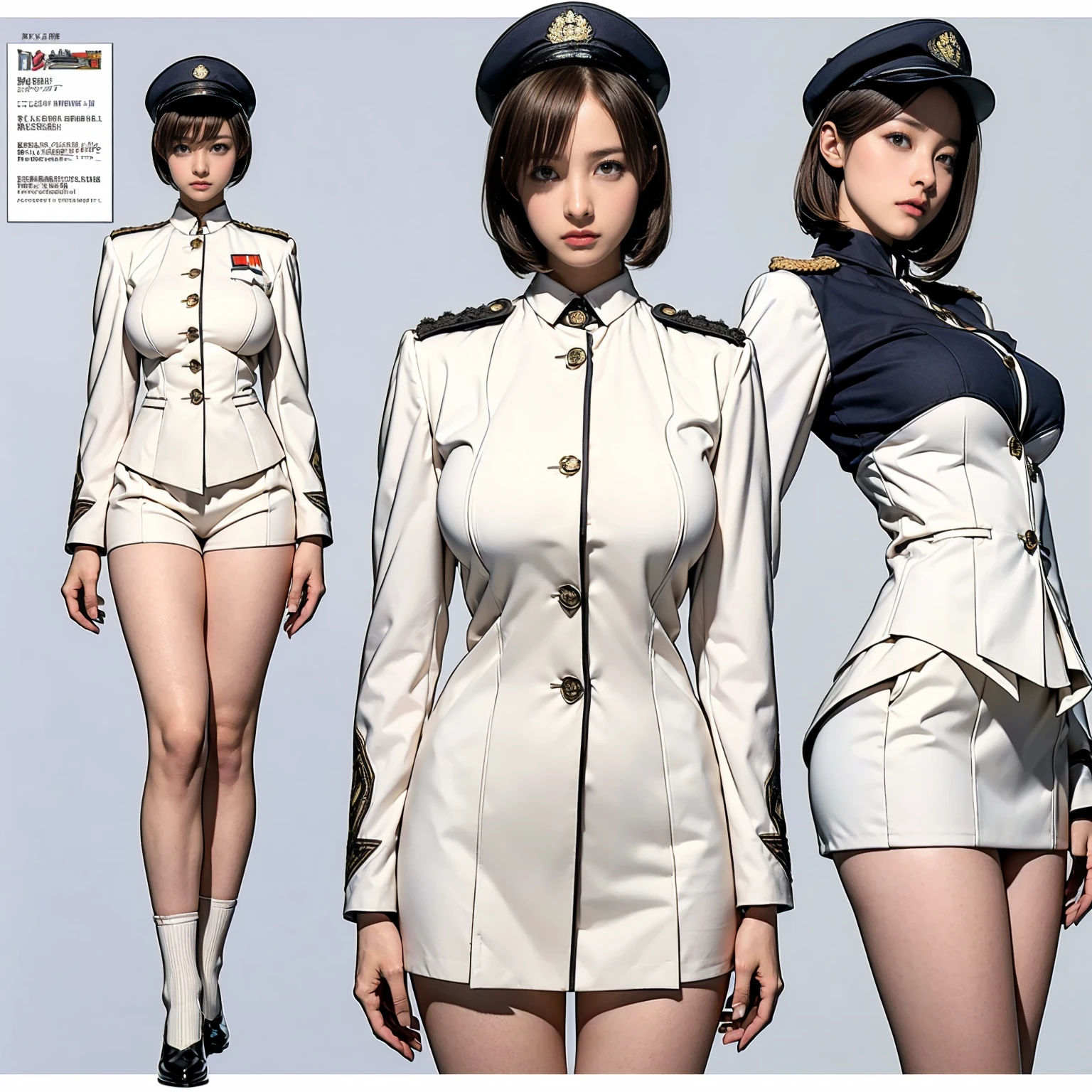 ((masterpiece)),(((Highest quality))),((Reference Sheet, Character Design, front, Rear view, Side view, Facial Expressions, Large Breasts, Bobcut)), 14-year-old girl, Cute type, (Very slim:1.4), (Very small ass:1.4), Realistic buttocks, Big Breasts, Thin thighs, Long legs, (A female Earth Federation officer is walking), (Wearing Earth Federation military uniform, White and gray uniform),(To NFSW:1.5)