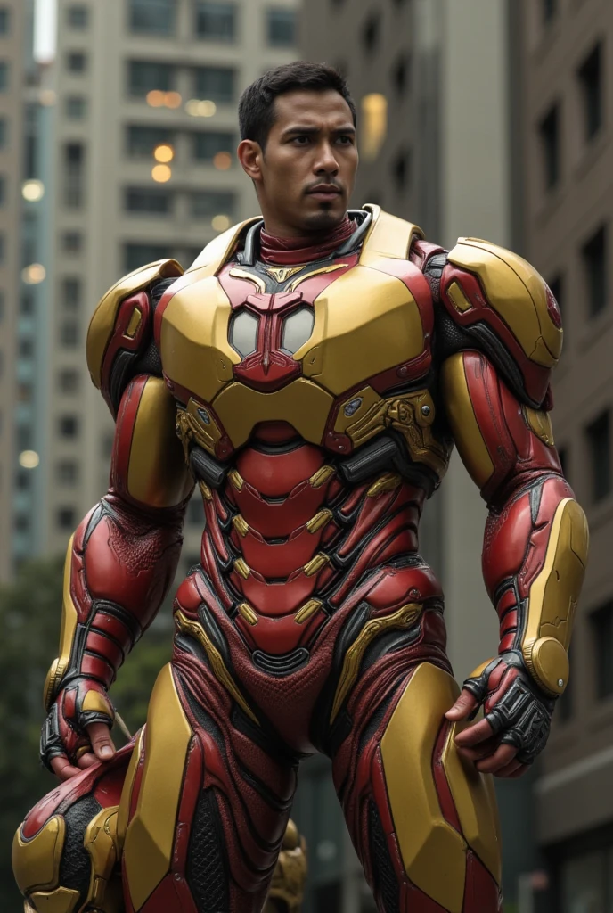 man wear costume iron man armored muscular body, hyper-detailed gold and red metal armor, large bulky frame, open helmet revealing face, cinematic lighting, digital art, photorealistic.fit body, 8k, (best quality:1.2), (masterpiece:1.2), (ultra-detailed:1.2), (highly detailed:1.2), dynamic pose, dramatic lighting, epic, cinematic, action scene. big forehead. dark skin. one hand holding iron man helmet..
