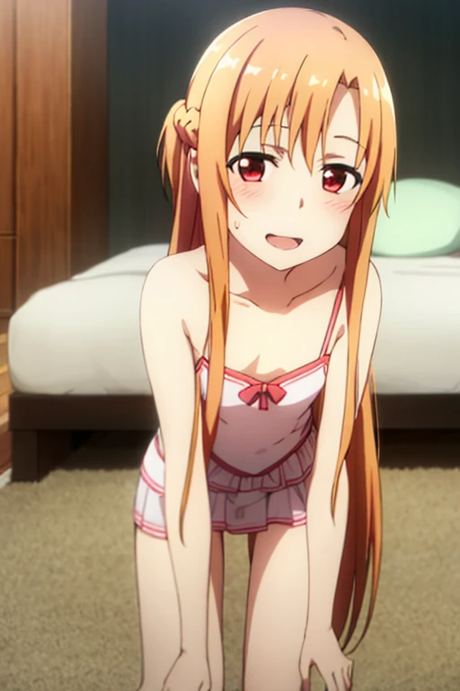 ((Best Quality)), ((masterpiece)), (be familiar with),  perfect face, indoor, bedroom,  watching viewers,
One woman, Yuuki Asuna,
Open Mouth, Ecstatic expression, blush, smile,
Small breasts,  flat chest, , , , Girl,
Long Hair,  long hair,
Leg spread,