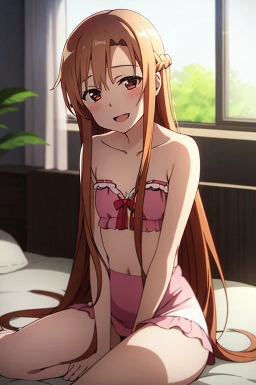 ((Best Quality)), ((masterpiece)), (be familiar with),  perfect face, indoor, bedroom,  watching viewers,
One woman, Yuuki Asuna,
Open Mouth, Ecstatic expression, blush, smile,
Small breasts,  flat chest, , , *****, Girl,
Long Hair,  long hair,
Leg spread,