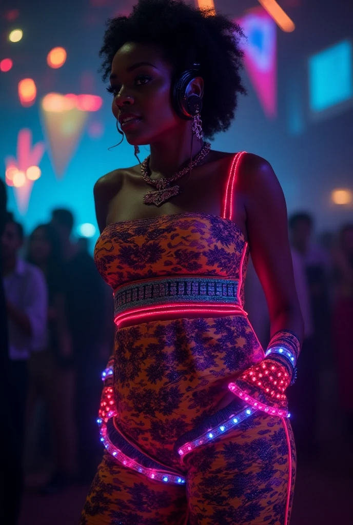 Side angle shot of black woman standing model pose in a night club with blue glittering particles shining in the tunnel , black and white picture with only the blue particles in the night club in colour, people dancing and having fun in the night club, ultra HD, cinematic lighting, 32k 