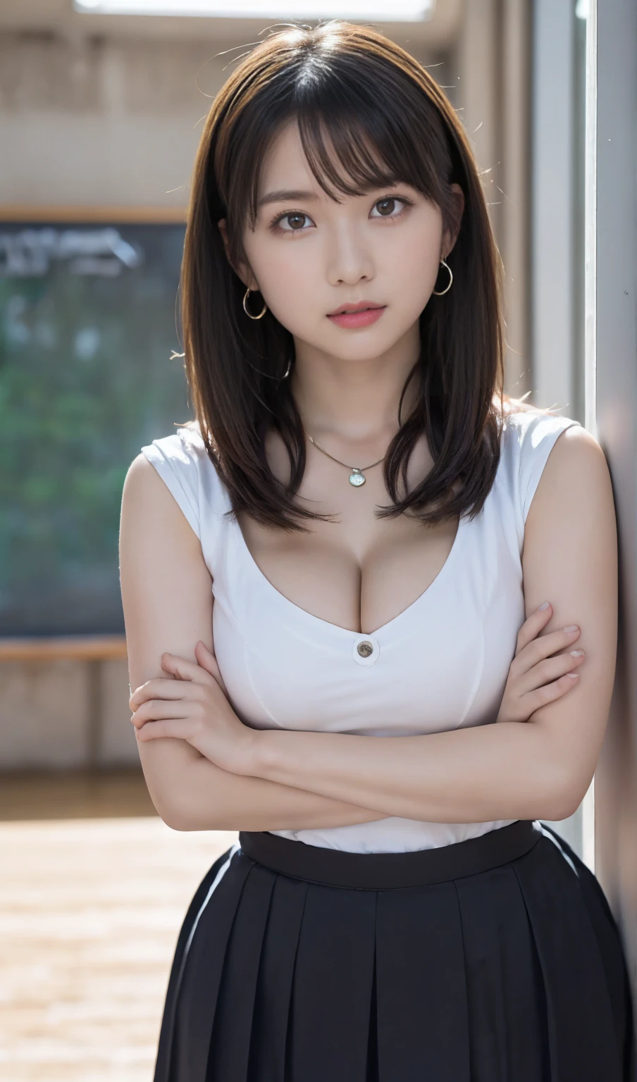 (extreme smaller face:1.9),(Petite facial features,Dainty facial structure:1.5),dynamic pose,(crossed arms,cleavage,earring,necklace,statuesque,glistening skin,detail beautiful face,extreme long leg,Clothes accentuate the shape of the breasts:1.8),(tight white summer sailor,tight skirt,slim waist:1.4),(emaciated:1.6),(lanky,Statuesque,tall stature,175cm tall,scrawy:1.4),leggy,Browsing Caution,Highest quality,Ultra-high resolution,1 person,whole body,Black hair, cool expression,Looking into the camera,Beautiful and elaborate face,Fine and beautiful skin,Skin Texture,high school student,uniform,Checked mini skirt,Classroom after school,Standing pose