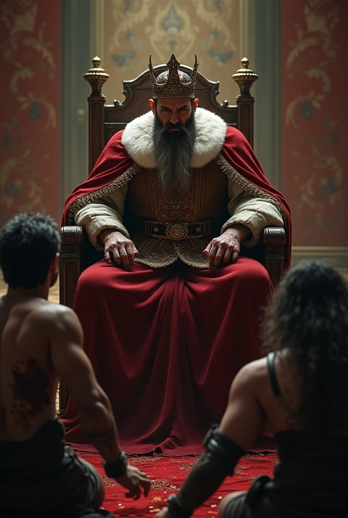 Large luxurious pink harem room full of young and beautiful naked girls lying all around the floor pink carpet, there are blonde and redhead girls with straight hair,
All the girls look bored. One fat naked man with a long untrimmed beard is sitting on his throne located at the end of the room, looking excited at the girls.