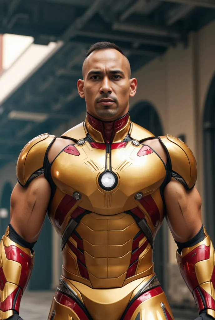 man wear costume iron man armored muscular body, hyper-detailed gold and red metal armor, large bulky frame, open helmet revealing face, cinematic lighting, digital art, photorealistic.fit body, 8k, (best quality:1.2), (masterpiece:1.2), (ultra-detailed:1.2), (highly detailed:1.2), dynamic pose, dramatic lighting, epic, cinematic, action scene. big forehead, tan skin. malaysia