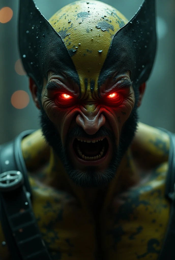 Rain, fragments, particles blender Extreme close-up face 
Actor asian Akira kaneda's wolverine creepy monstrous scary as wolverine Year 2099s from X-Men's filmed by ZackSnyder, wolverine dress traje semi rasgado , fighting against thugs X-men Full body , traje rasgado semi Pearl yellow black neon-infused psicodélic fragments splash Snowflakes X-shaped stripes raytracing  fashion Week , variant angles, captured with award-winning photography technique, cinematic, dark environment, bokeh, grainy, urban-xmen setting, blurry, IMAx, filmed with Kodak portrait 400, 200mm, f2.8, high resolution, teal filter.Adicione efeitos com chuva, e. Novas cores e trajes diferente em cenas imagens feita,  