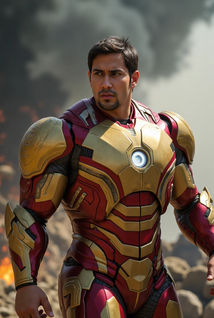 man wear costume iron man armored muscular body, hyper-detailed gold and red metal armor, large bulky frame, open helmet revealing face, cinematic lighting, digital art, photorealistic.fit body, 8k, (best quality:1.2), (masterpiece:1.2), (ultra-detailed:1.2), (highly detailed:1.2), dynamic pose, dramatic lighting, epic, cinematic, action scene. big forehead, tan skin. malaysia. metal iron suit.
