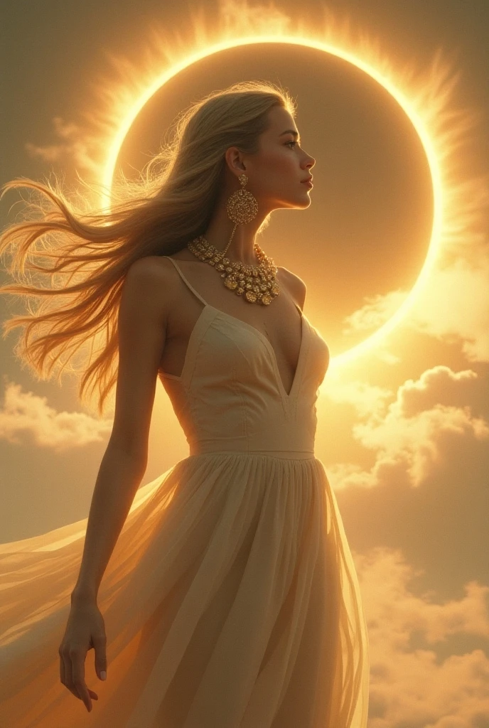 ((View from below looking up)) ((Photorealism, Minimalism, Fantasy-Surrealism)) backside female in paradise. Highly sought after drawing style of a gorgeous yet serious woman with long ethereal flowing hair in junoesque soft white mini dress. Ascending in the golden rays of the sun as her hair flows upwards aurora surrounds her.