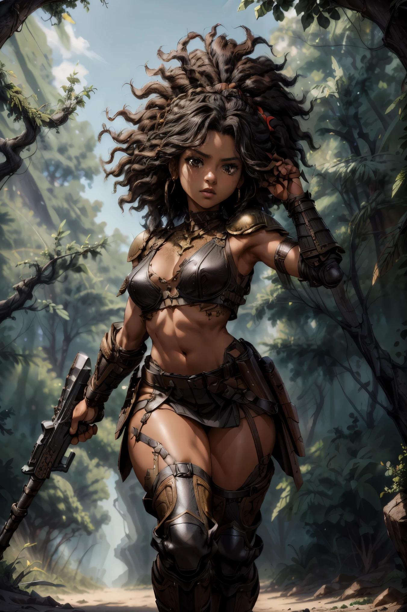(Best quality, 4k, 8K, high resolution, masterpiece: 1.2), sfw petite black girl, barbarian with curly hair, dreadlook hair, (sci-fi leather armor, full body) gun, desert background, wild environment, sharp focus, nature, action pose, confident expression, natural texture,