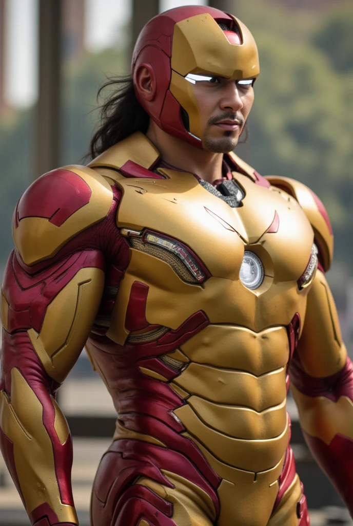 man wear costume iron man armored muscular body, hyper-detailed gold and red metal armor, large bulky frame, open helmet revealing face, cinematic lighting, digital art, photorealistic.fit body, 8k, (best quality:1.2),long hair (masterpiece:1.2), (ultra-detailed:1.2), (highly detailed:1.2), dynamic pose, dramatic lighting, epic, cinematic, action scene. big forehead, tan skin. malaysia. metal iron suit.
