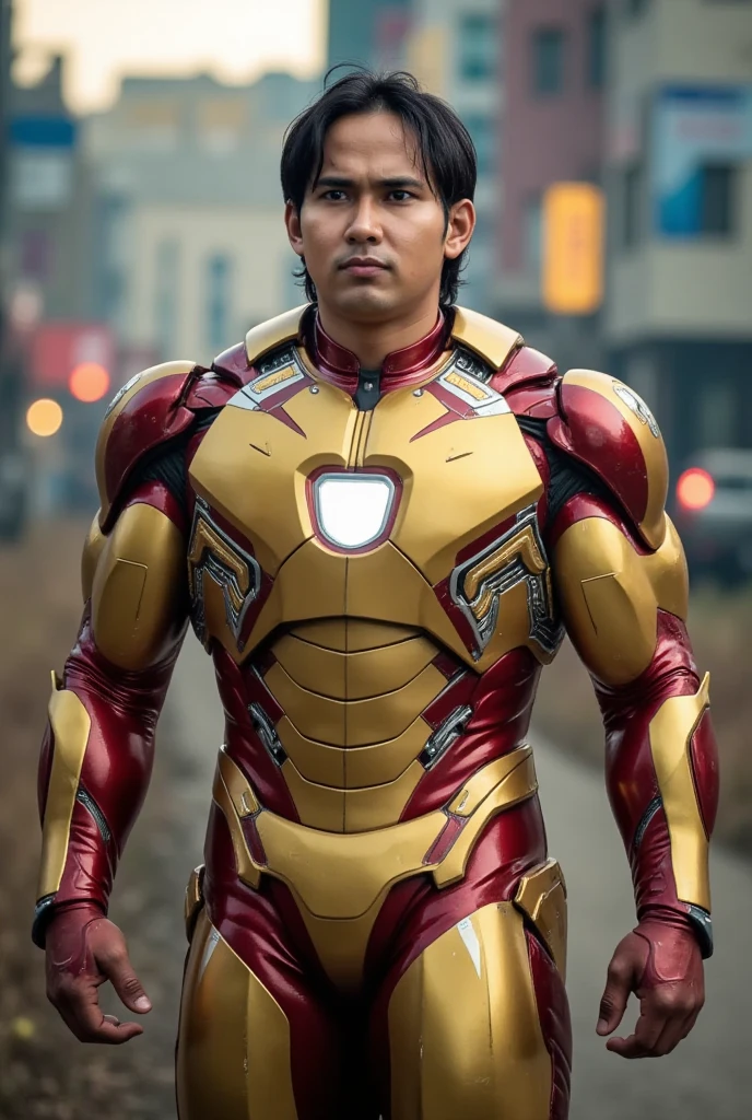 man wear costume iron man armored muscular body, hyper-detailed gold and red metal armor, large bulky frame, open helmet revealing face, cinematic lighting, digital art, photorealistic.fit body, 8k, (best quality:1.2), (masterpiece:1.2), (ultra-detailed:1.2), (highly detailed:1.2), dynamic pose, dramatic lighting, epic, cinematic, action scene. big forehead, tan skin. malaysia. metal iron suit.
