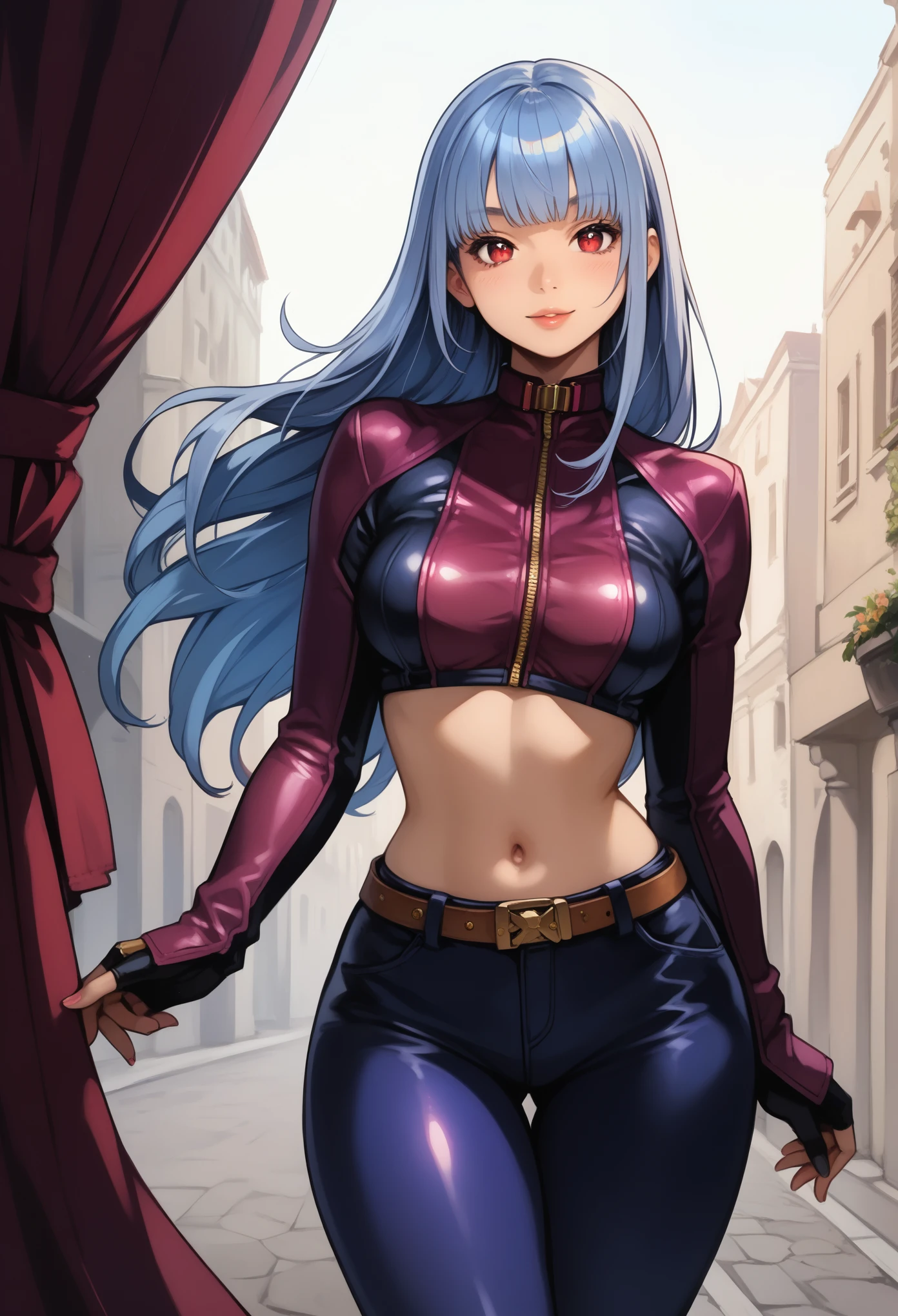 score_9, score_8_up, score_7_up, score_6_up, source_anime,pixiv,BREAK, 1girl,Kula,(KOF),(solo),(high-level image quality),(hight quality),(hight resolution),(detailed),(masterpiece),(artwork), looking at viewer,pixiv,long hair, silver blue hair,red eyes,2k wallpaper,petite,purple leather jacket,belt,glove,purple leather pants, realistic,