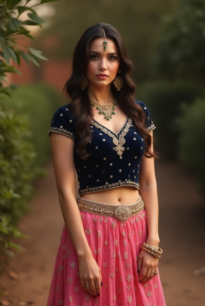 (masterpiece:1.5), (hyper-realistic:1.5), (high quality, 4k, highres, realistic:1.2), ((full body shot)), (Wide angle shot), Extremely stunning depiction of a  beautiful indian girl, wearing traditional indian dress with matching fashion accessories. The girl should possess exquisite symmetrical facial features, including beautiful detailed glossy eyes, delicate nose, and captivating full glossy lips, perefect natural round medium breasts. She should radiate a sense of grace and softness. The background should showcase a surreal lake, with vibrant flowers, mountains and lush greenery in the background. The scene should be bathed in soft, ethereal lighting, casting gentle shadows and highlighting the woman's ethereal beauty. The artwork should be rendered in a medium that combines the depth and texture of classical oil paintings with the vividness and precision of digital art. The colors and tones should reflect the melancholic essence, with a mixture of muted grays, blues, and hints of warm sepia. The final image should be visually stunning and evoke a sense of awe and contemplation, capturing the essence of a divine presence