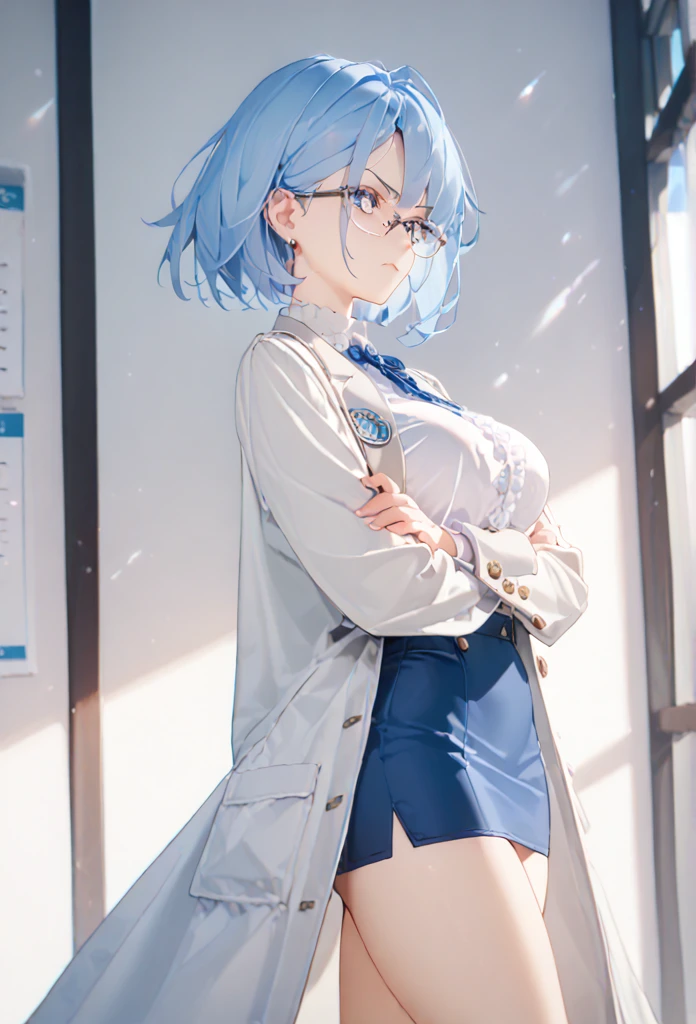 26 years old, 1 woman, medium blue mini skirt, white blouse, white coat, glasses, infirmary teacher, standing, arms crossed, legs crossed, breasts slightly open, very large breasts, very thick thighs, beautiful face, glaring, stern expression, short hair, blue hair, blue eyes, from side, Health Care, High Resolution, Illustration, Masterpiece, High Resolution. Elevated, Gazing, Side view of character,