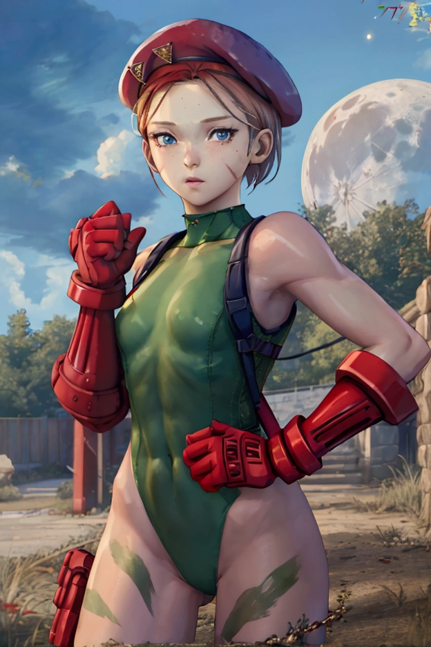 master part, best quality, highres , sarah Miller , , 1girl, (Cammy branco ) ,  blonde hair , red beret, (Red Head Outfit:1.3), blue eyes, scar on cheek, green leotard, flat chest , sleeveless, red gloves, gloves  , Standing, , moon background