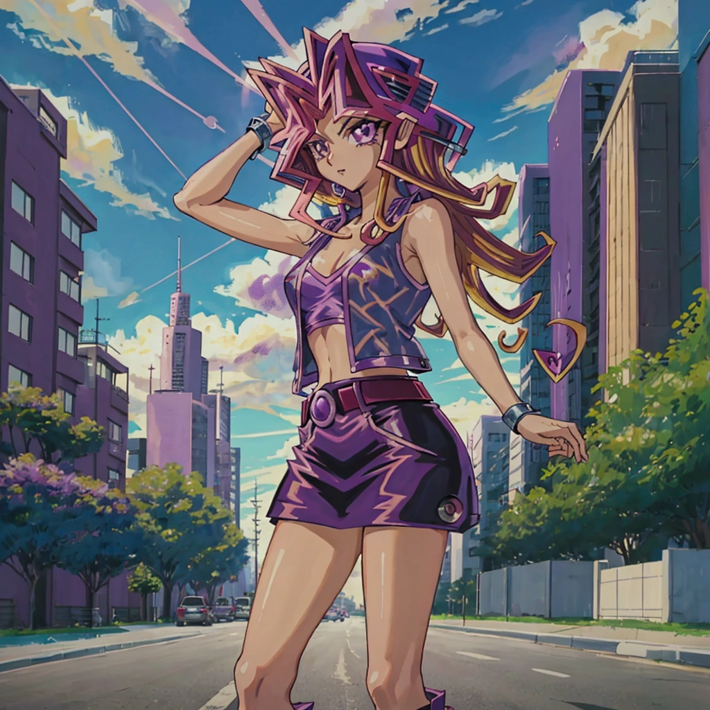 1girl, 19yo woman, (Mai Valentine from Yugioh:1.3), yellow hair, (purple tank top, dark purple mini skirt:1.21), standing on the side of the road, tall buildings and trees in the background, (paha mulus:0.7)