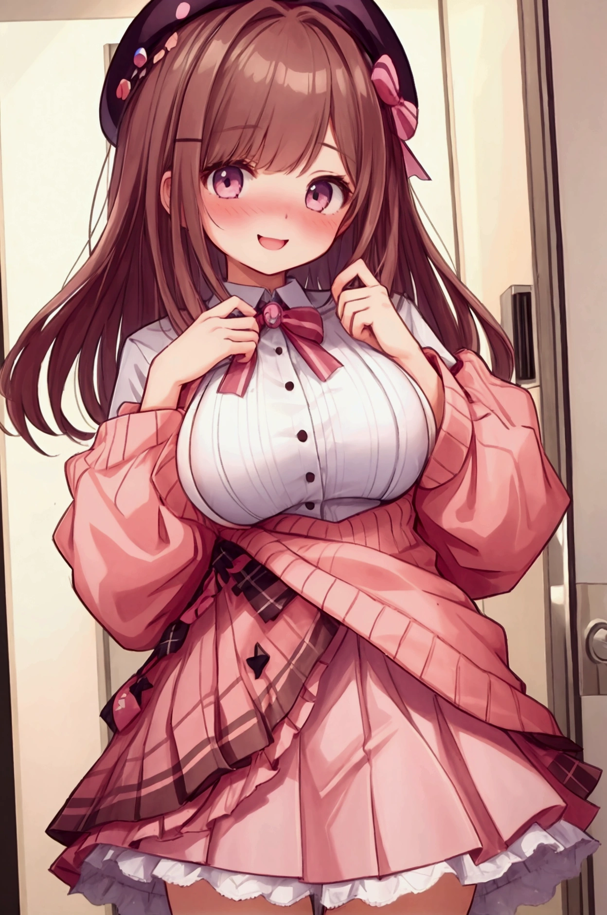 girl,Lulu Suzuhara、Brown Hair、Beret、smile、Embarrassed、Large Breasts、skirt lift、 pink panties, High Resolution ,High image quality,