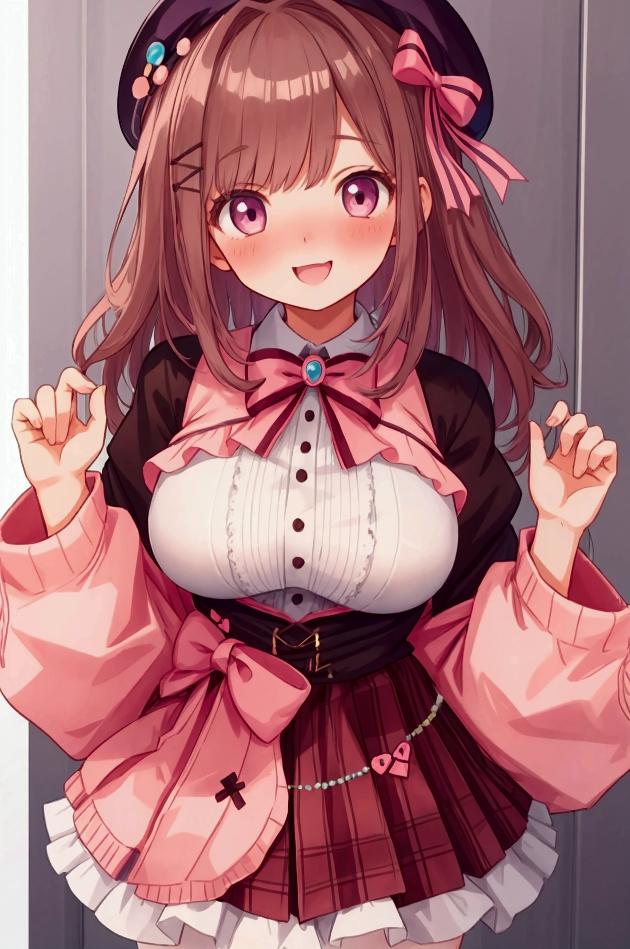 big lips, brown hair, pink eyes, japanese face, gyaru, gyaru grin, two side up, huge breasts, wide hips, sexy, detailed, pink room, bangs, (evil grin1.4), kawaii, pleated skirt, punk, goth, pink and black outfit, plaid skirt, punk shirt, choker, punk skirt, punk shirt