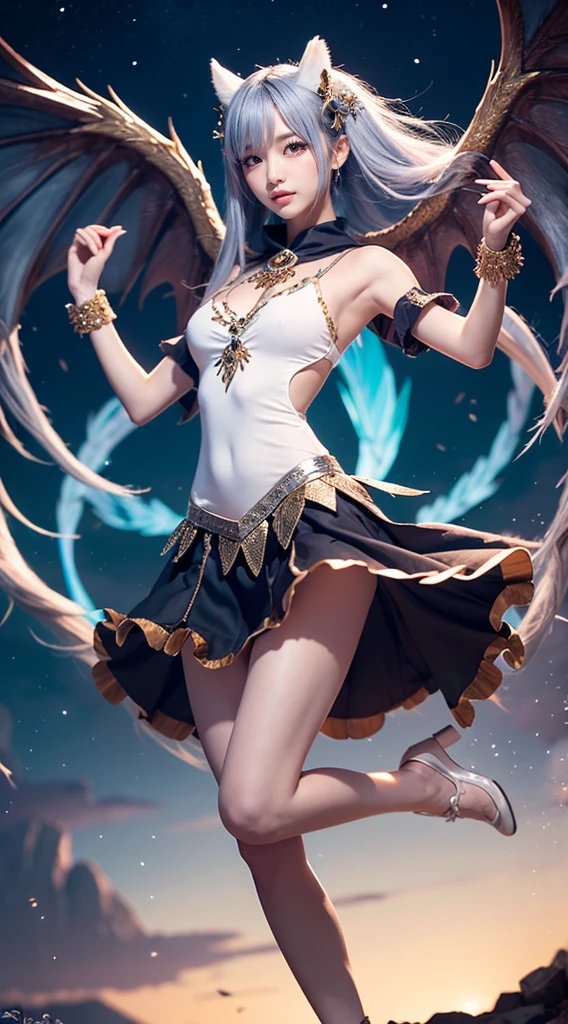 (8K, RAW Photos, 超A high resolution:1.5)、Spread your arms、cleavage of the breast、Show panties、Yuna's costume is、Sleeveless white top with blue floral pattern、consists of a blue skirt with white edging. She wears a wide blue belt around her waist、Wear black fingerless gloves. Yuna's ensemble is、Knee-high brown boots and a distinctive necklace are also included. The wind blows lightly、Dance like a stream in the wind、Its beautiful brilliance is、Shines even more with the sun's rays. Stone ring at Yuna's feet、Engraved with ancient mystical symbols.At the center of that stone circle is、Transparent crystals are placed.Glowing faintly,Magical energy is emanating from your fingertips.Energy shines with beautiful colors、Like a flower in the air、Spread like a galaxy in the universe.Yuna's eyes glow bright blue.The moment the gate to the other world opens、The mysterious glow of the universe dwells in the eyes。A vortex of intense white energy overflows from both hands and spreads into space。