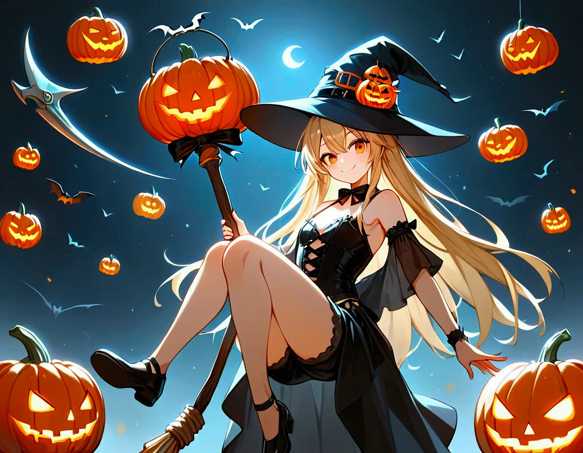  score_9,  score_8_up,  score_7_up,  score_6_up,  score_5_up,  score_4_up,  jack-o-lantern , Slender body,  wearing a black tuxedo ,  silk hat,  Halloween pumpkin head , Very big head ,  eyes are shining ,  carrying a large grim reaper scythe on his shoulders,  BREAK witch standing sideways in a stylish pose leaning diagonally, Bustier and shorts , Long blonde hair, goggles, Riding a broom, smile, cute,  comical Japanese illustration style , Orange and black background, Bats, Grave,  pop-touch poster , The main line is thick , title"Halloween", Shaded letter ,  letter popping out symmetrically , Sweets are scattered all around, Biscuits, candy