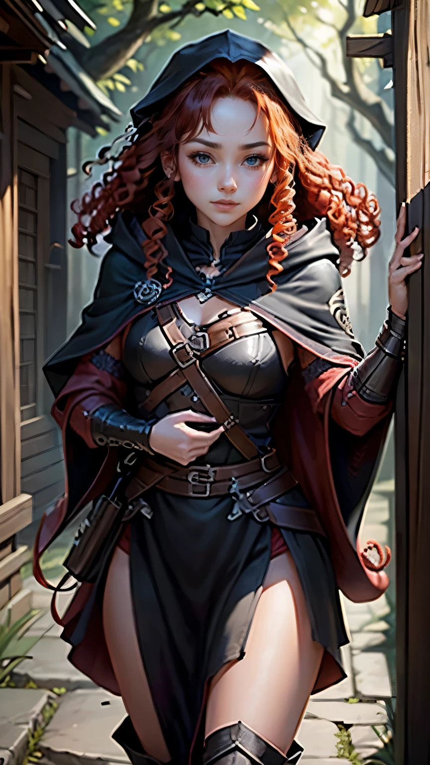 highest quality、masterpiece、8k、Realistic、High resolution、Very delicate and beautiful、High resolution、Cinema Lighting、medium range shooting、Portraiture、Perfect female body、(Red curly Hair:1.6)、Opposition、Looking at the audience、((Thieves from Another World、Dark hooded cloak、Quick Movement、Sharp Eye、Light Leather Armor))、Hiding in the Shadows、Lost in the dark night、Quiet Steps、Sharp Dagger、Picking Tools、Stolen Jewels、Secret Lair、Agile body、Cunning Smile、Bag of Loot、Hidden pocket、Deceive the enemy、Ancient maps、Dangerous missions、Codebreaking、Disarming a trap、Black boots、Secret Passage、A trusted companion、Cunning personality、A sense of adventure、Otherworldly Market、A clever disguise、Shadows of the Night、elusive、A magnificent getaway。