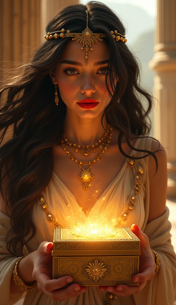 The goddess of gold and time, with a beautiful face and her fierce blue eyes pair with her dark blue hair cascades in her waist and her even white skin tone with her golden dress and gold accessories around her body, a pointy nose and a face with fierce eyes but calm face at the same time, standing beside a big clock and golds in her hands, she’s tall and represents an guitar body shape, with big boobs and big butt, holding alot of golden objects