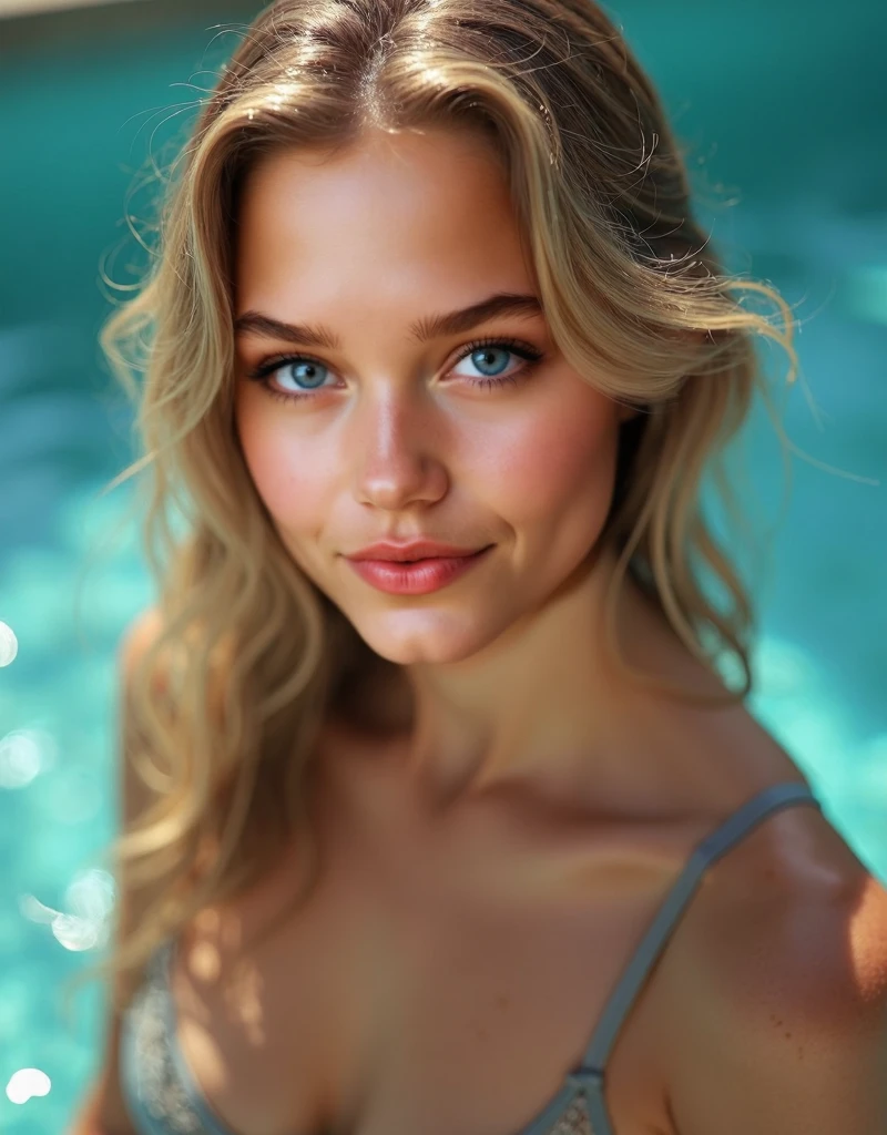 ((best quality)), ((masterpiece)), (detailed), perfect face, 15yo north european teen, blonde long wavy hair, small nose, beautiful blue eyes, petit body, , wearing swimsuit, lying next to a swimming pool, full body wide view, hd realistic 8k quality, cute shy face, blushed cheeks, perfect clear skin