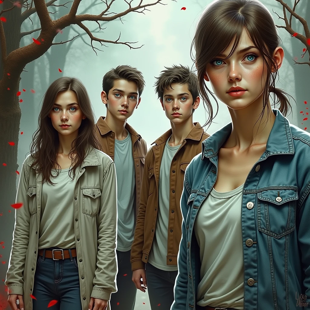A poster for a series called " The Little World" with two teenagers, one of them with long brown hair and brown eyes and another teenager with medium wavy hair with light brown bangs and blue eyes, girls clothing style is 2018. In the background are horror characters like Bloody Mary, o Chucky, o Jason, An invisible man, And scary things.